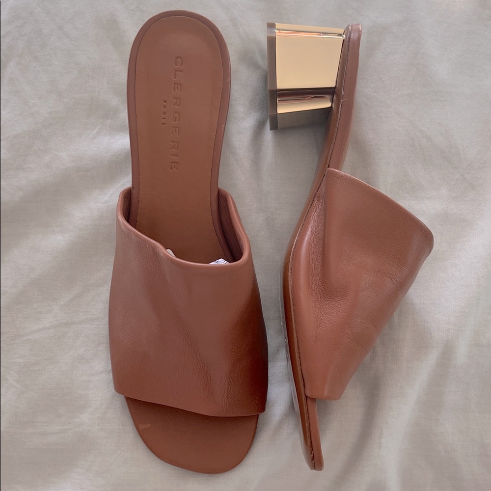 Robert Clergerie Paris NEW leather mules camel open toe gold block heel 37.5/7
